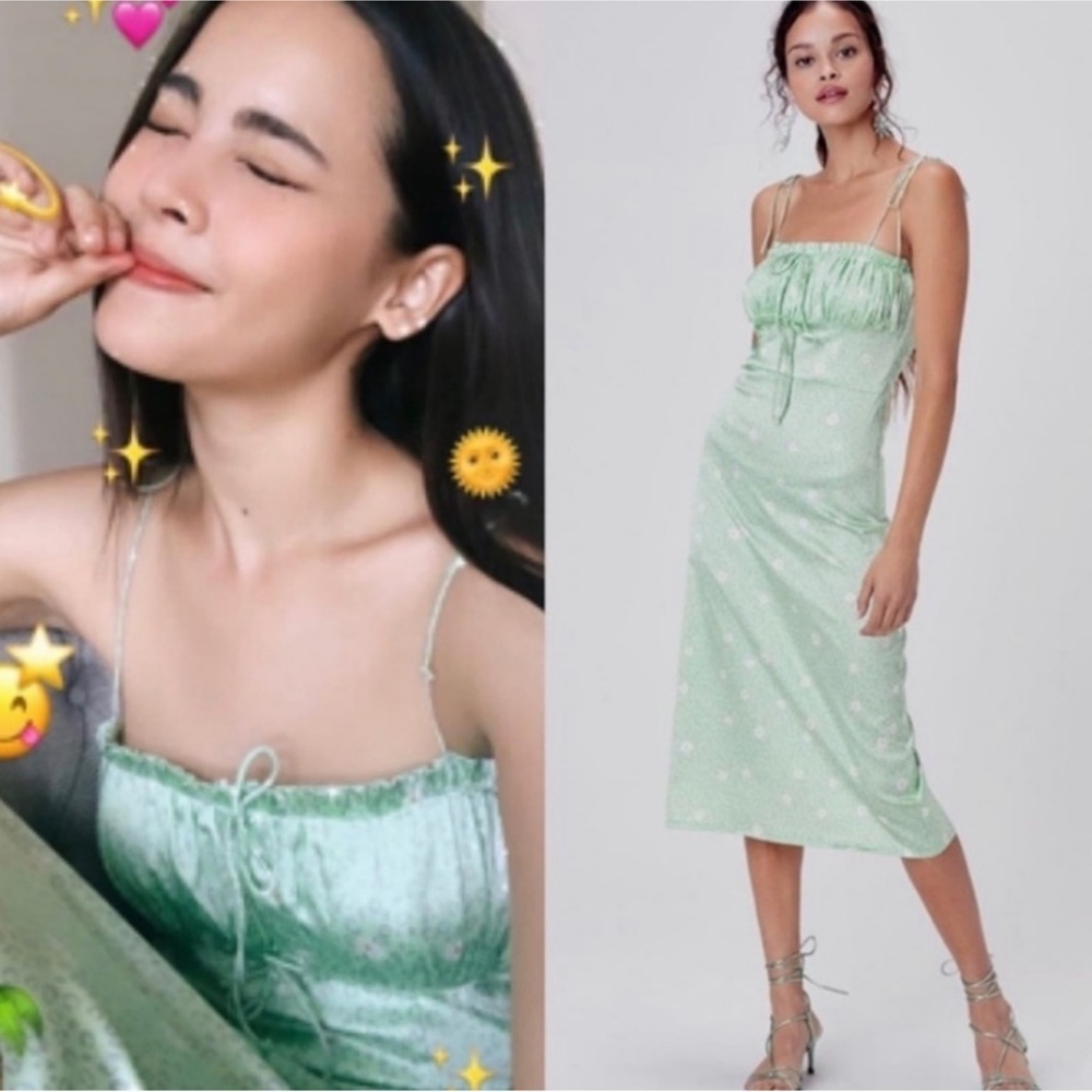 For Love & Lemons Robin Satin Cheetah Midi Dress in Mint Green Size 8/10 - Picture 16 of 16